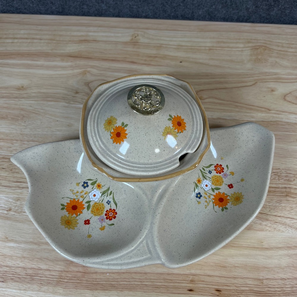 Vintage California Originals Ceramic Chip and Dip Set Floral 70s Serving Tray